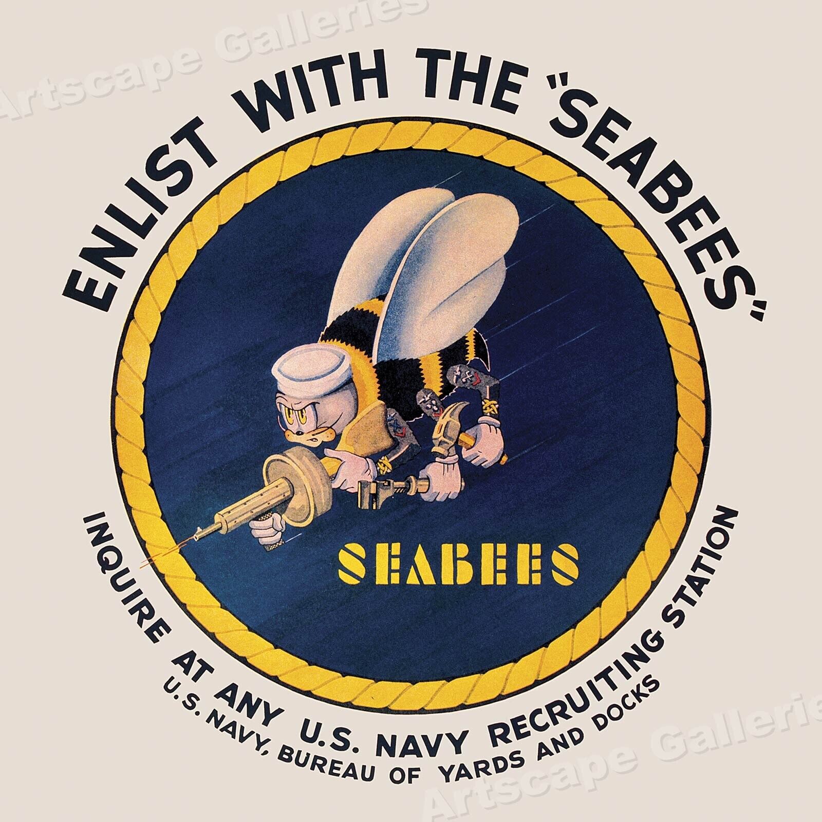 1940s Enlist with the Seabees Navy Recruiting - WW2 War Poster - 24x24