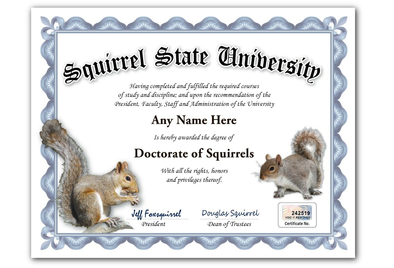 Squirrel State University Personalized Diploma w/ Gold Seal Novelty Funny Gag