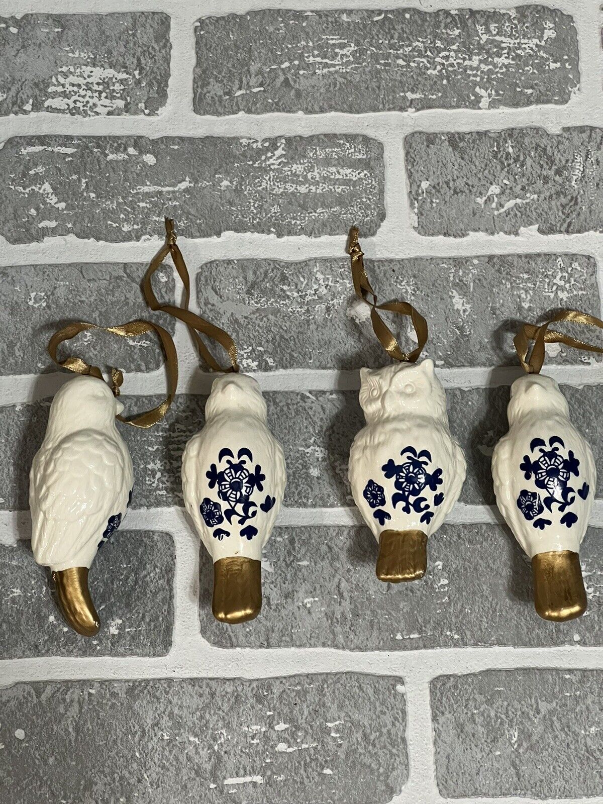 Ceramic Bird Ornament Lot Of 4 One Owl 3 Turtle Doves Painted Blue Floral