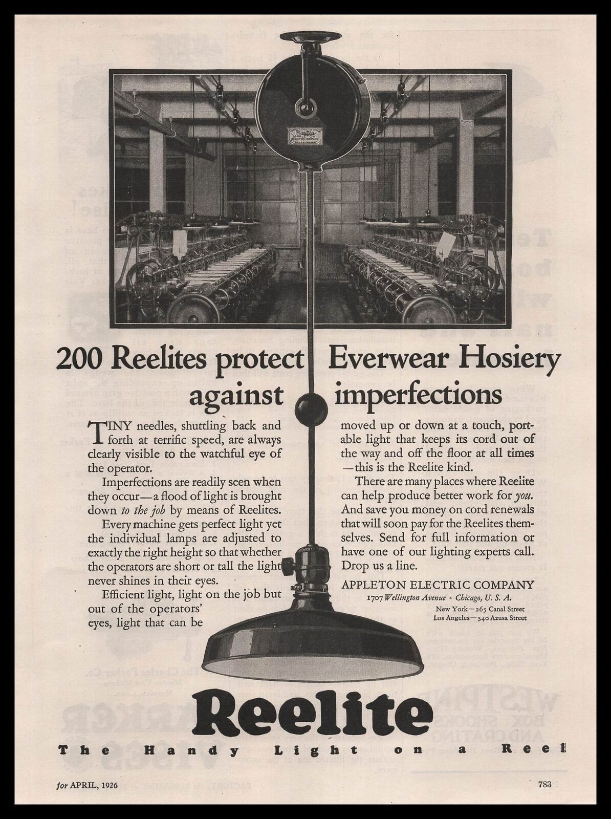 1926 Appleton Electric Co Chicago Reelite Eyewear Hosiery Factory Photo Print Ad