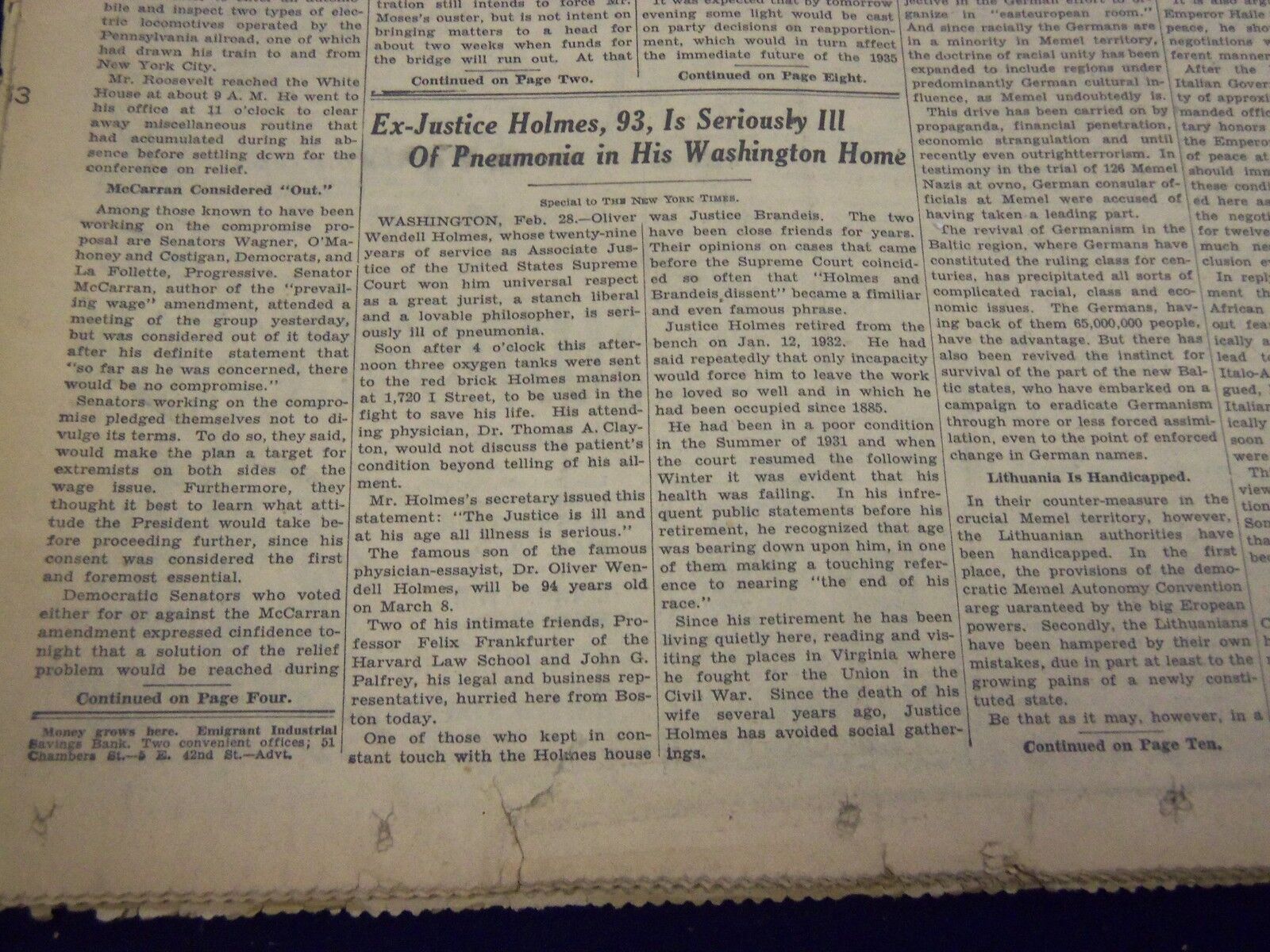 1935 MARCH 1 NEW YORK TIMES - JUSTICE HOLMES 93 SERIOUSLY ILL - NT 3818