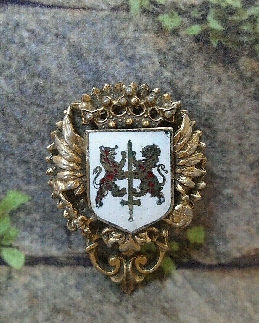 Vintage Heraldic Coat of Arms Shield Rampant Lions Sword & Wings Brooch