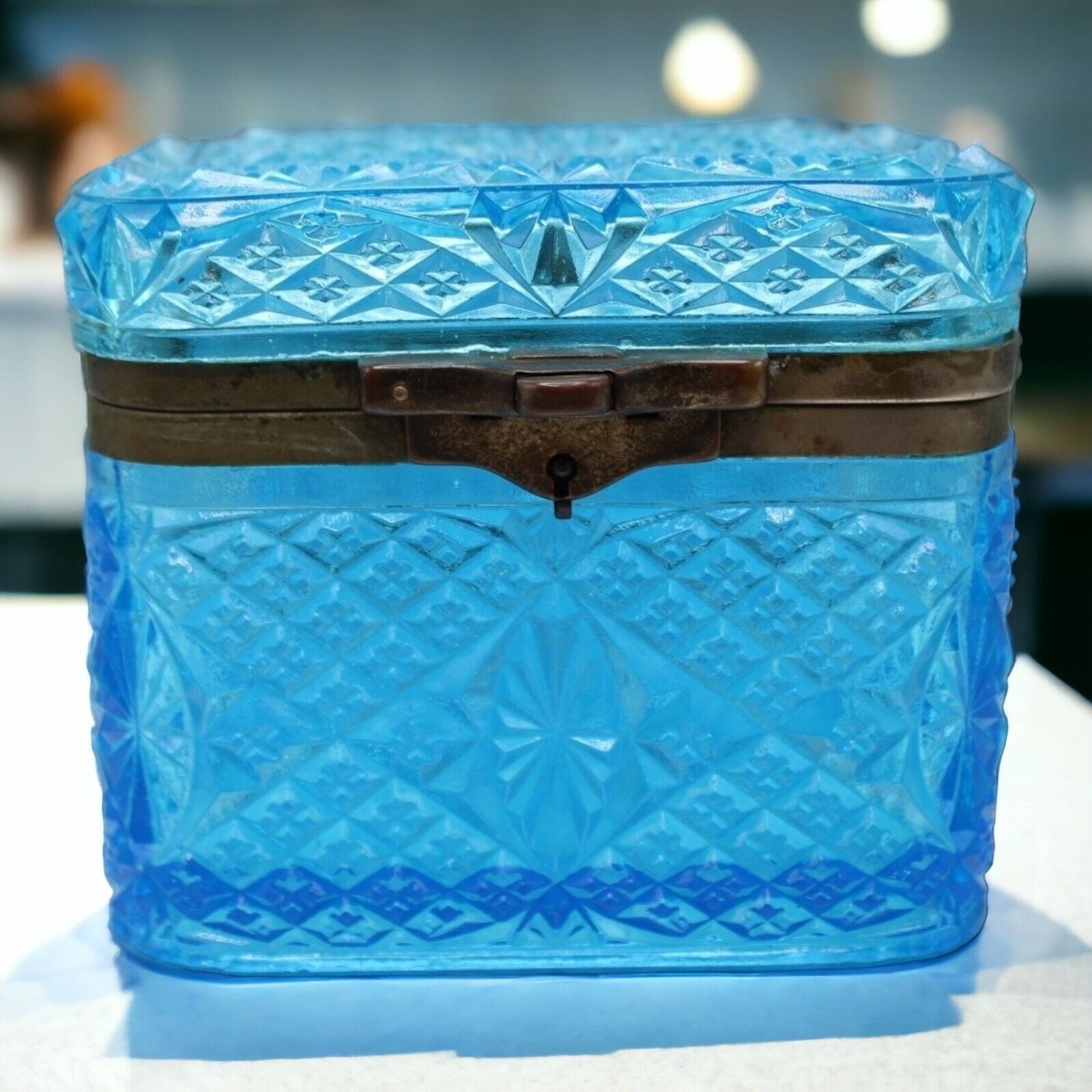 Rare Antique Russian Cobalt Blue Patterned Glass Tea Box W Wissotsky & Cie