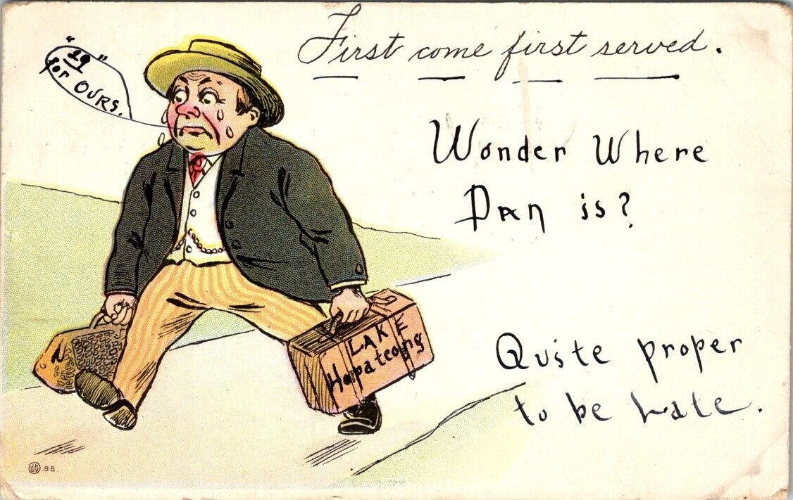 vintage postcard- first come first served man with suitcases posted 1906