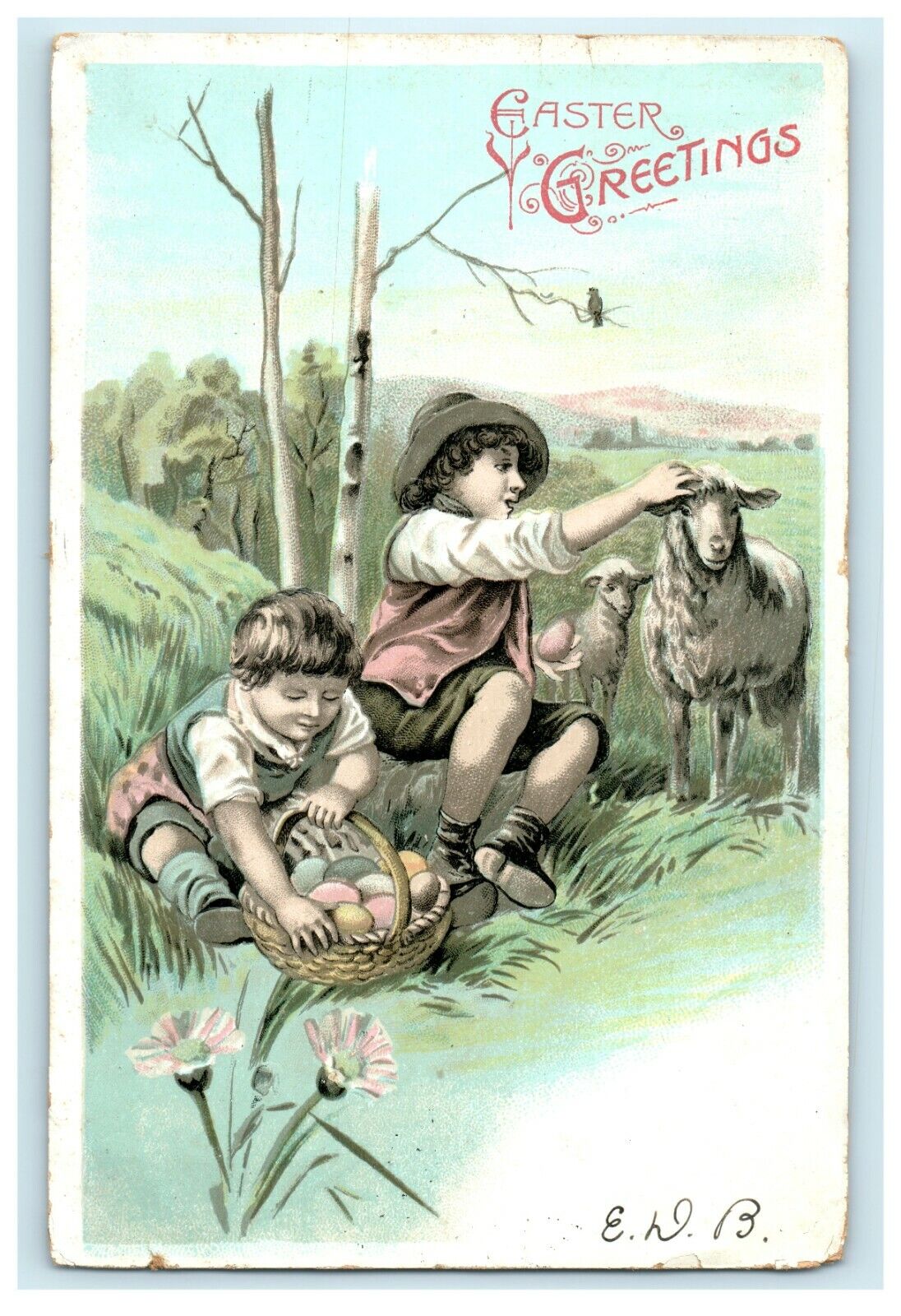 1907 Easter Greetings Children Collecting Eggs Basket With Lamb Antique Postcard