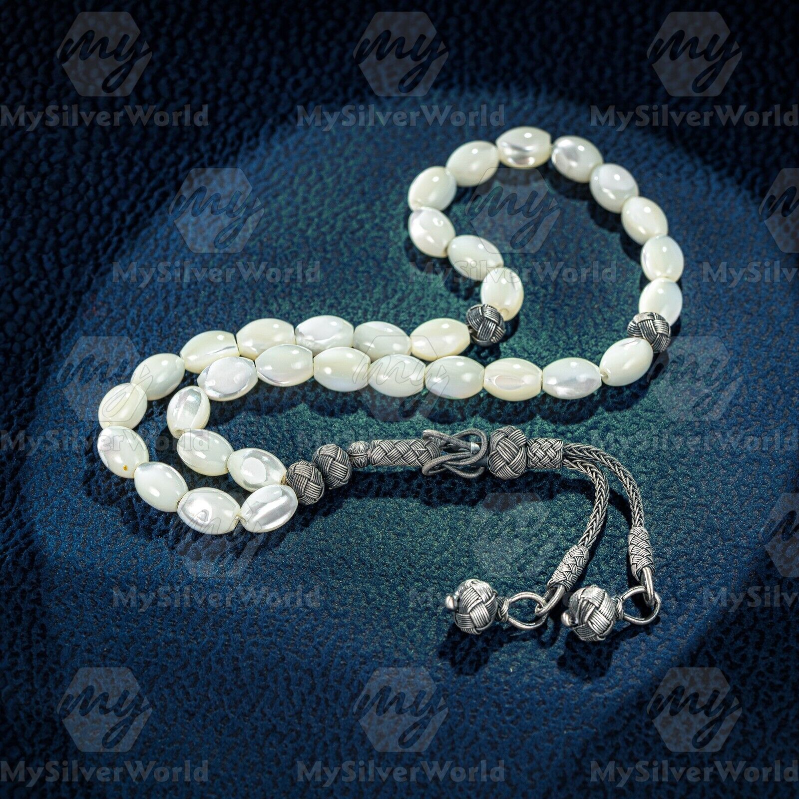 1000 Ct Silver Kazaz Rice Mother of Pearl Islamic 33 Prayer Beads Tasbeeh