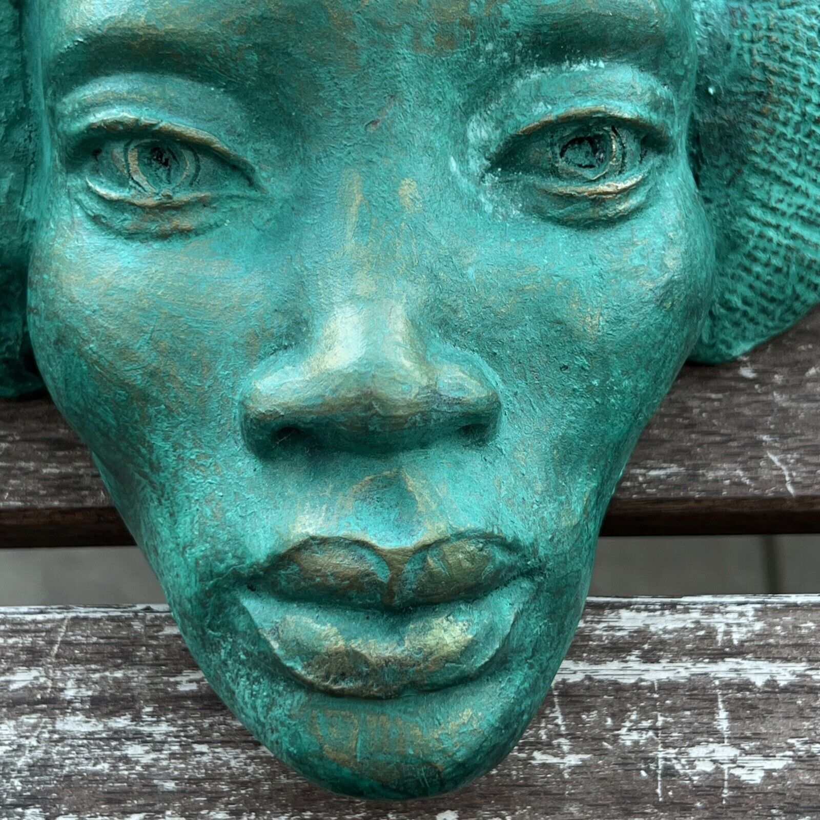 Vintage Pottery Ceramic African Women Female Face Mask Green Signed Wall Art