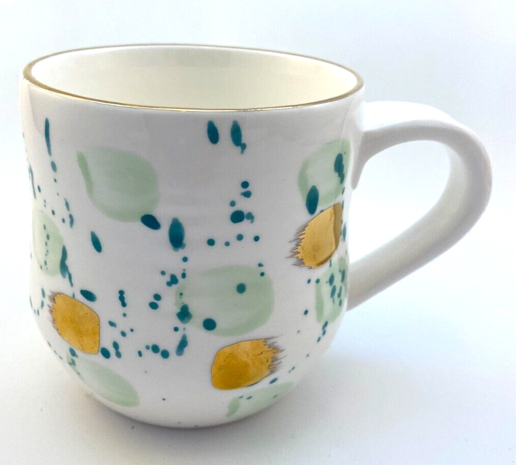 ANTHROPOLOGIE Coffee Mug Green & Gold Dots Suite One Studio -  16 oz