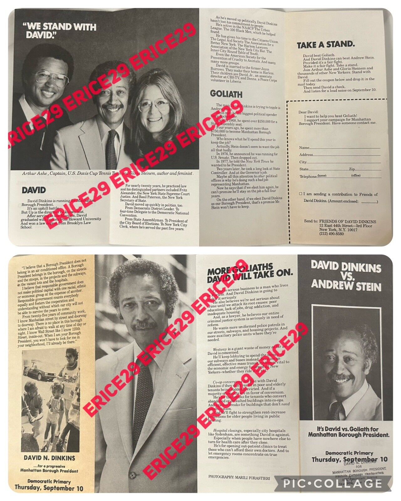 1985 David Dinkins Mayor of New York City Gloria Steinem & Arthur Ashe Brochure
