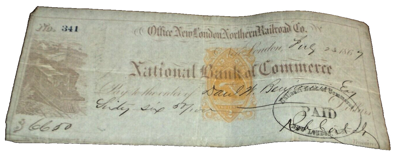 JULY 1867 NEW LONDON NORTHERN COMPANY CHECK #341 CENTRAL VERMONT