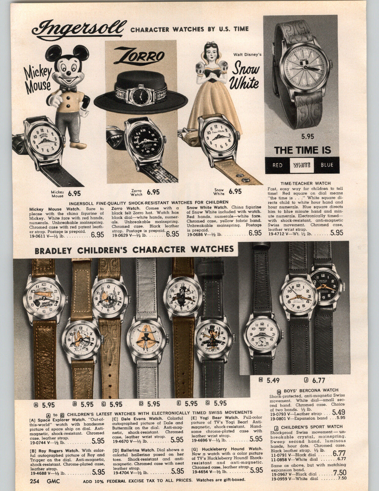 1962 PAPER AD Ingersoll Character Wrist Watch Snow White Zorro Yogi Bear Space