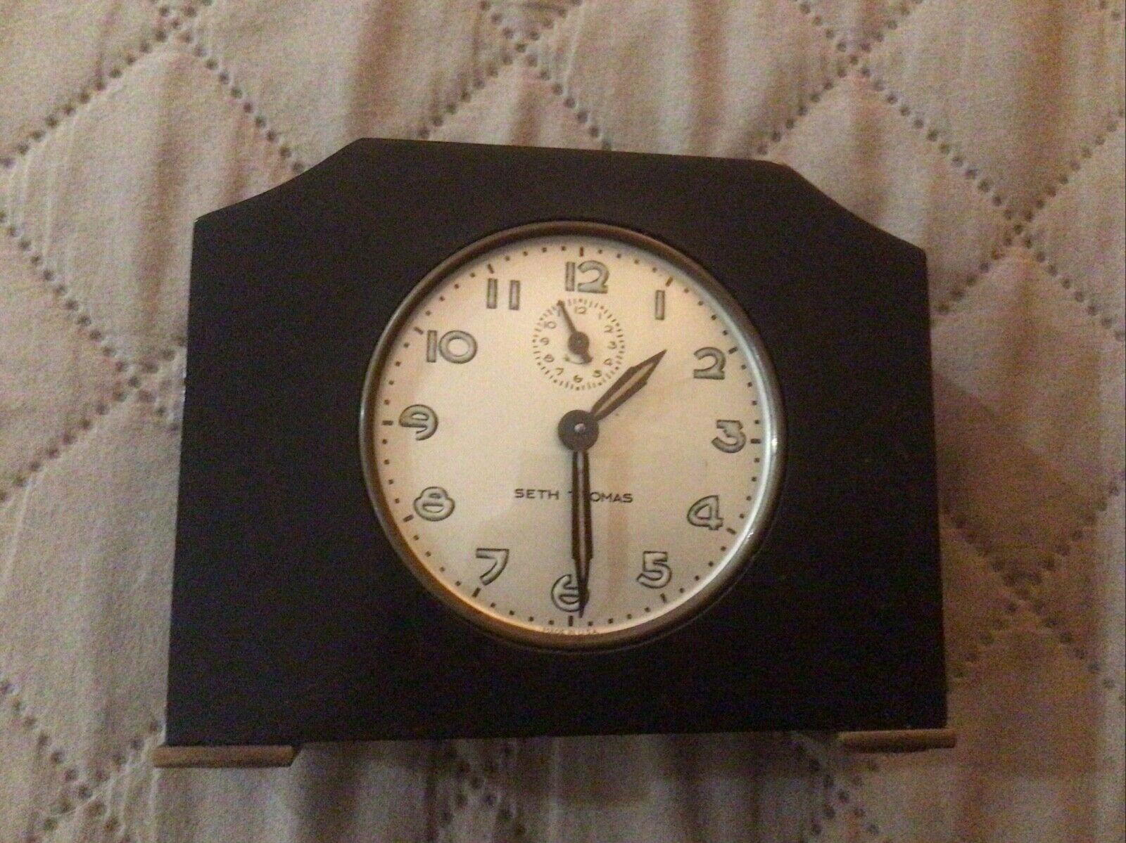 Vintage Art Deco Seth Thomas black Bakelite with Gold Swirl Desk Alarm Clock
