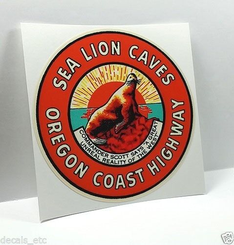 SEA LION CAVES OREGON Vintage Style Travel Decal, Vinyl STICKER, Luggage Label