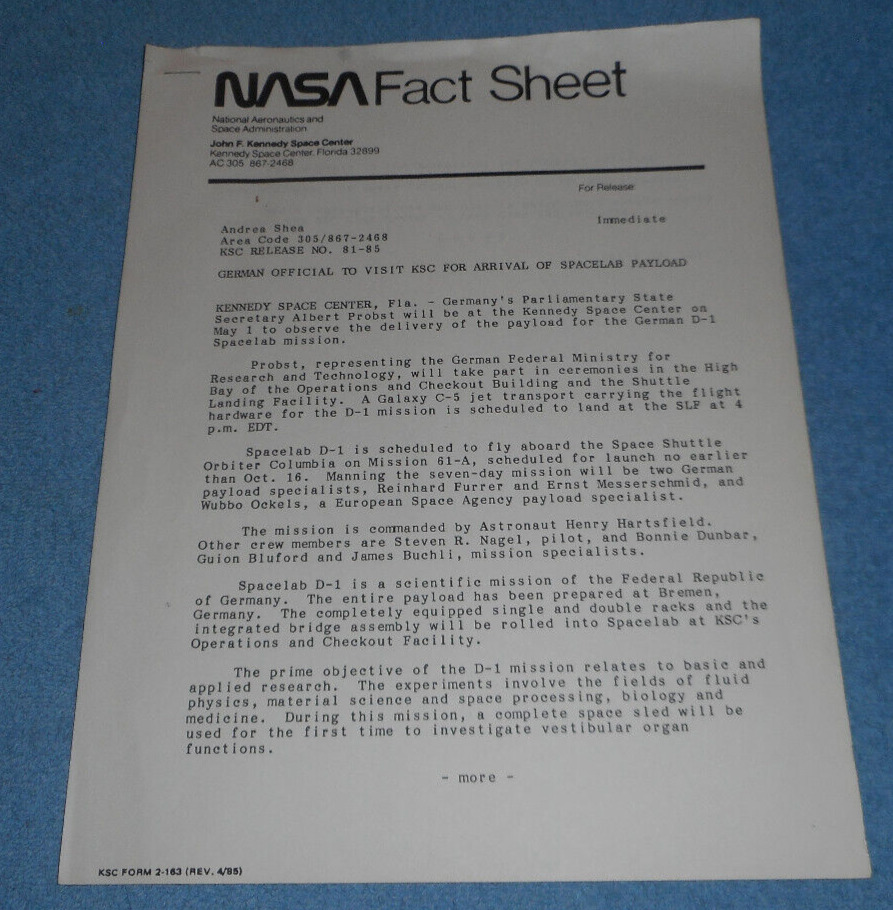 1985 NASA Fact Sheet German Official To Visit KSC Spacelab D-1 Payload Arrival