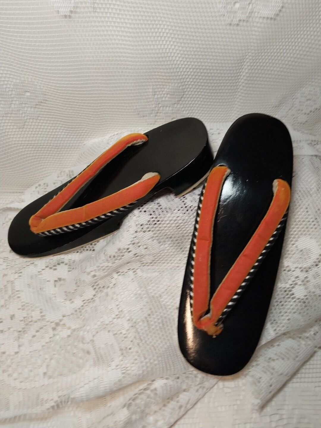 Vintage 50s 60s Japanese Geta Geisha Shoes Wooden Sandals Black Lacquer Orange