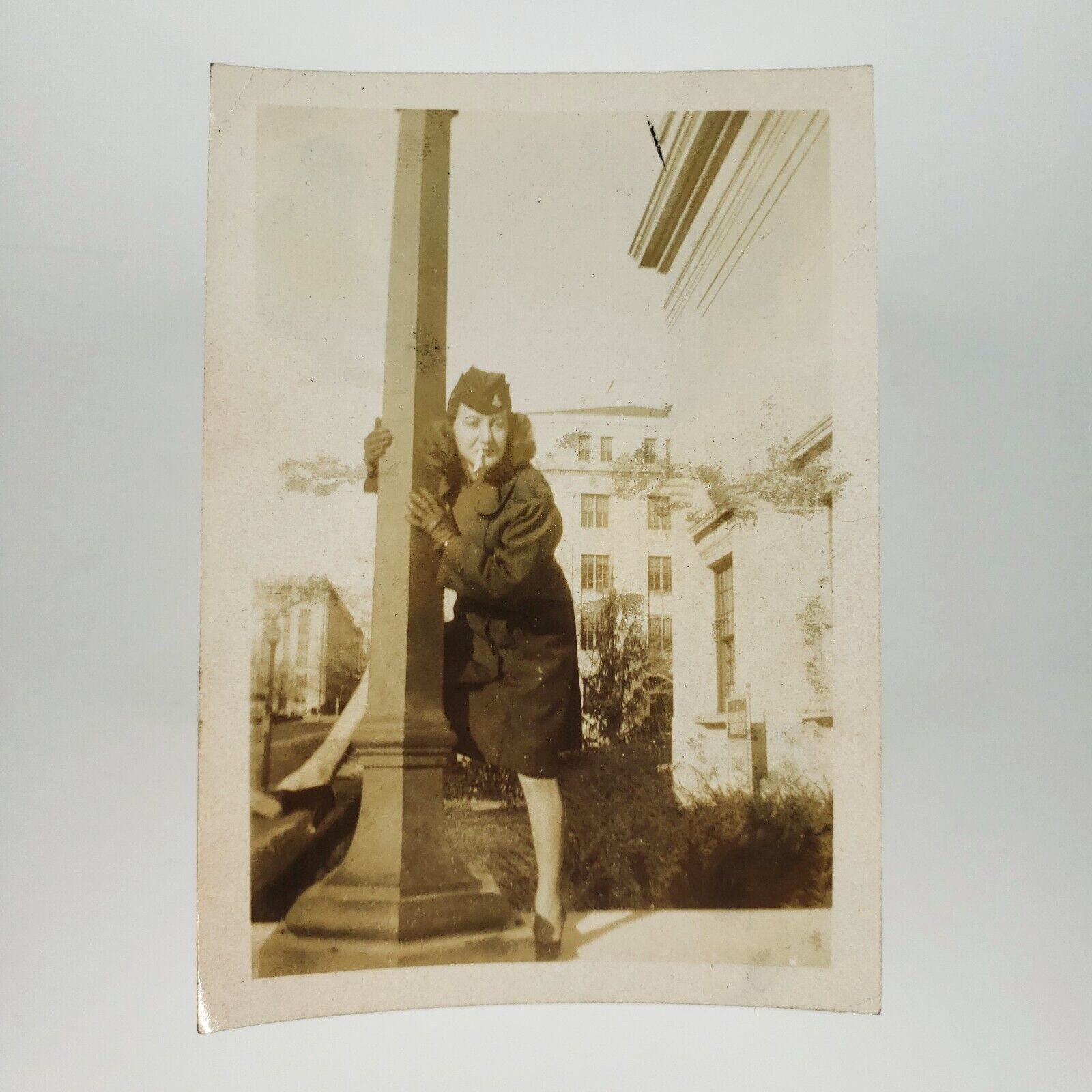 Uniformed Lady Straddling Pole Photo c1918 WW1 Smoking Military Woman Girl A3720