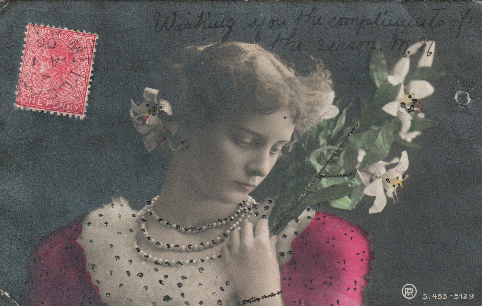 1906 ANTIQUE Real Photo BEAUTIFUL Pensive Woman & Lilies POSTCARD to Adelaide