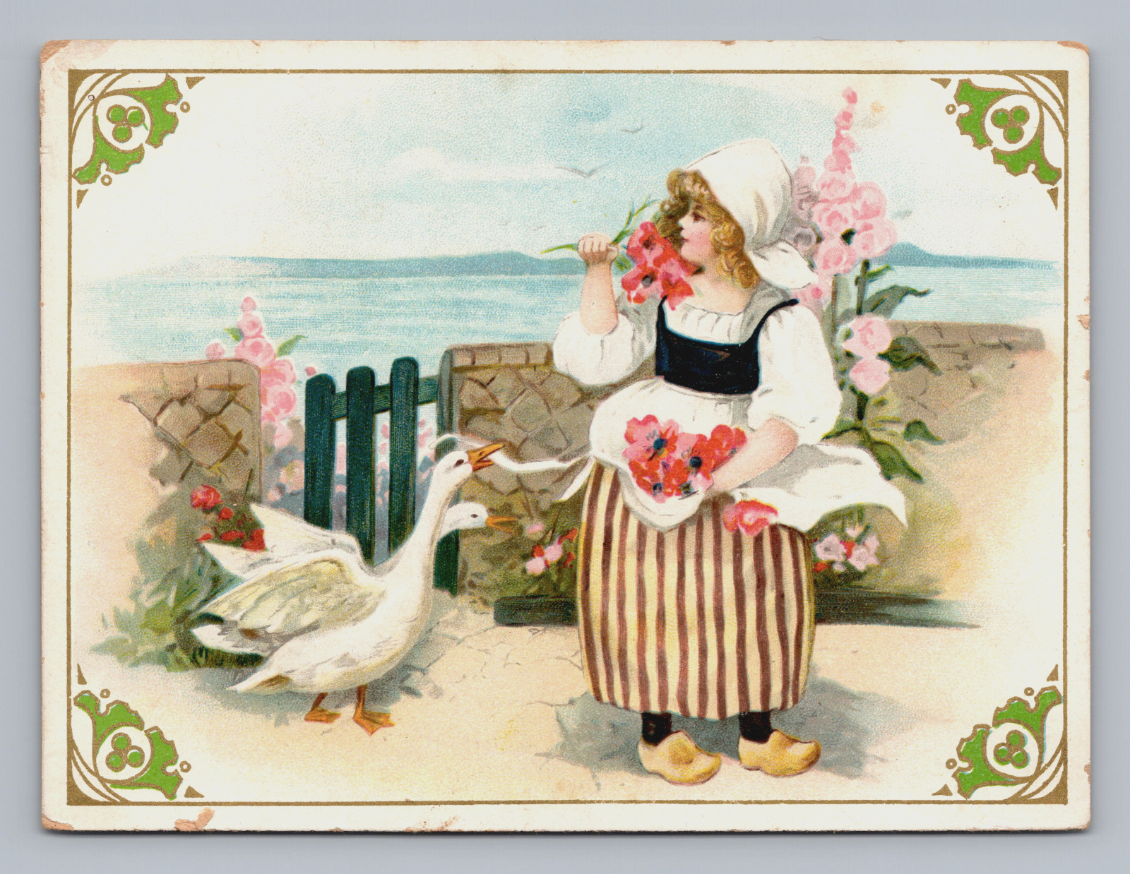 No Ad Trade Card Girl With Flowers Geese Sea View Wooden Shoes