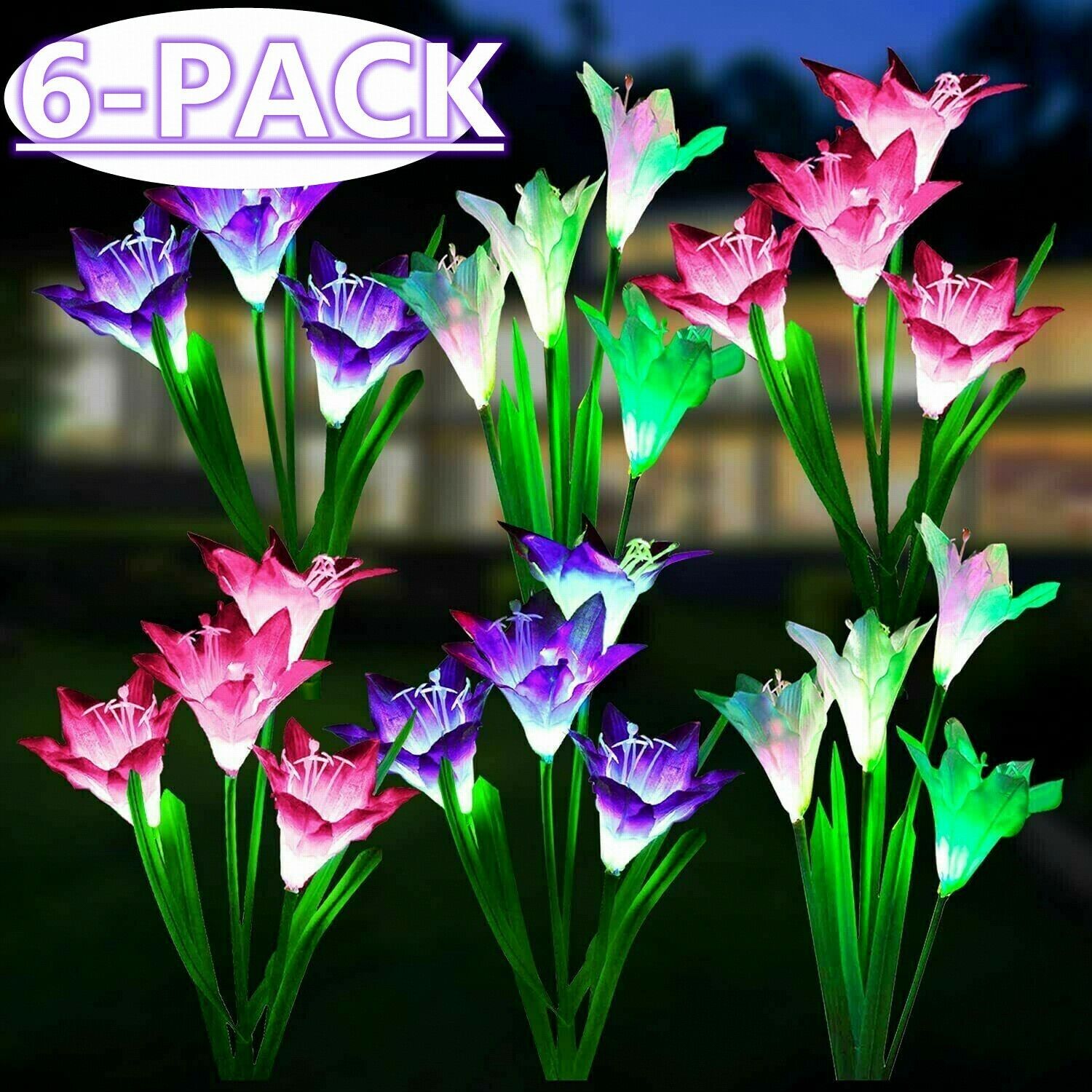 6 PCS Solar Lawn Lily Flower（4Heads）Solar Energy Outdoor Garden Light Waterproof