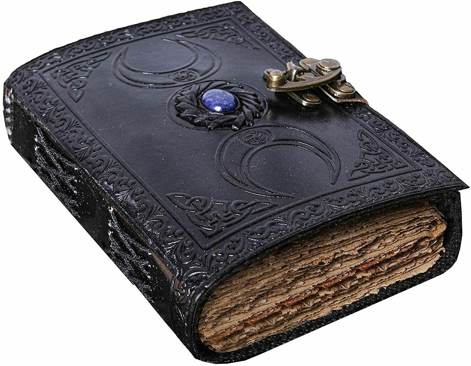 Vintage Journal Semi Precious Leather Rustic Diary With Stone Black Triple Moon