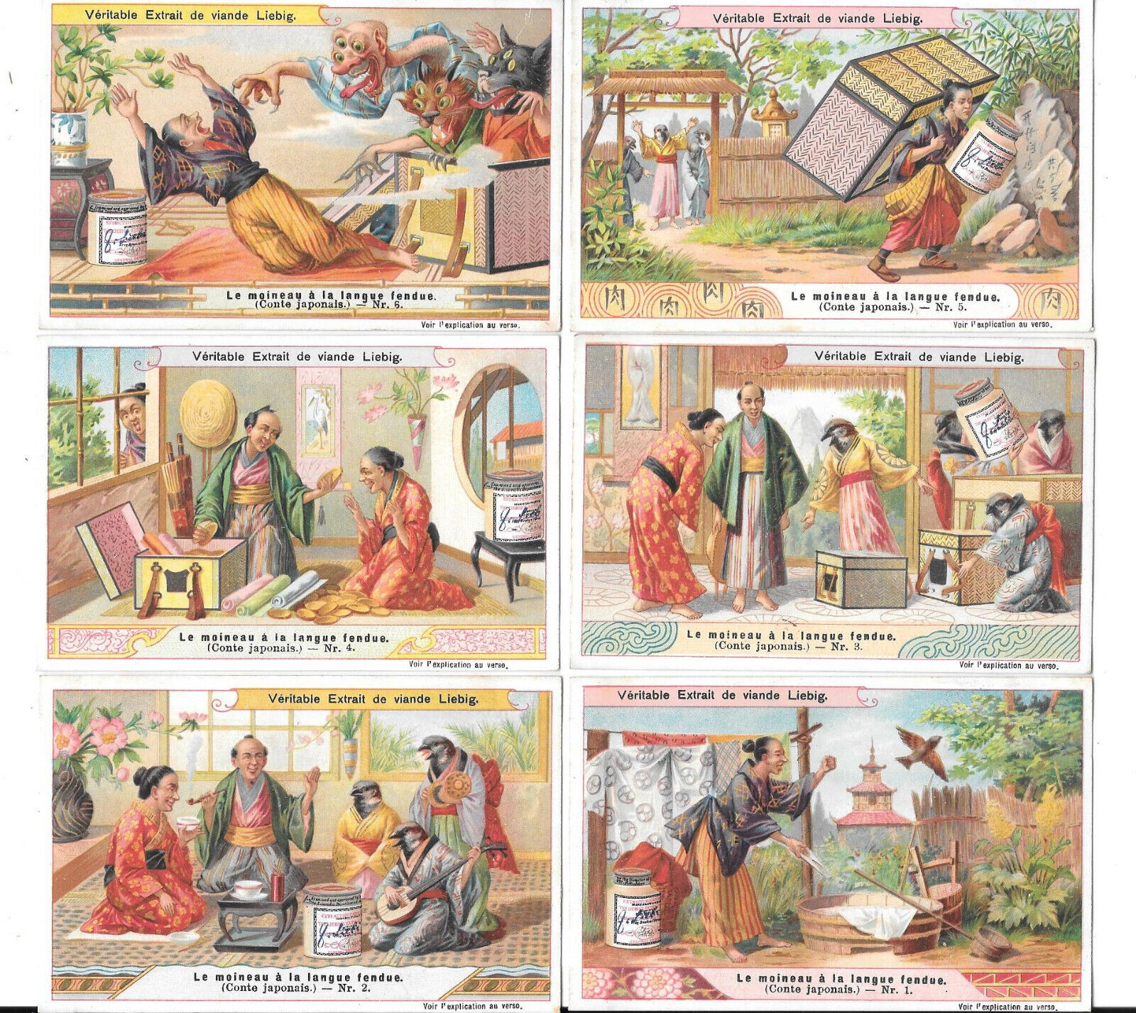 6x LIEBIG TRADE CARDS, THE SPARROW WITH THE SPLIT TONGUE 1901 (S677 French).