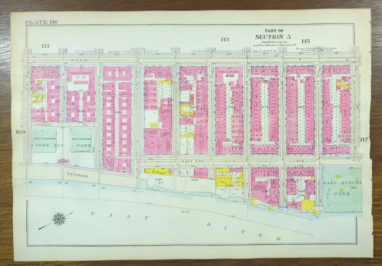 Vintage 1916 YORKVILLE MANHATTAN NEW YORK CITY NY Map CARL SCHURZ JOHN JAY PARK