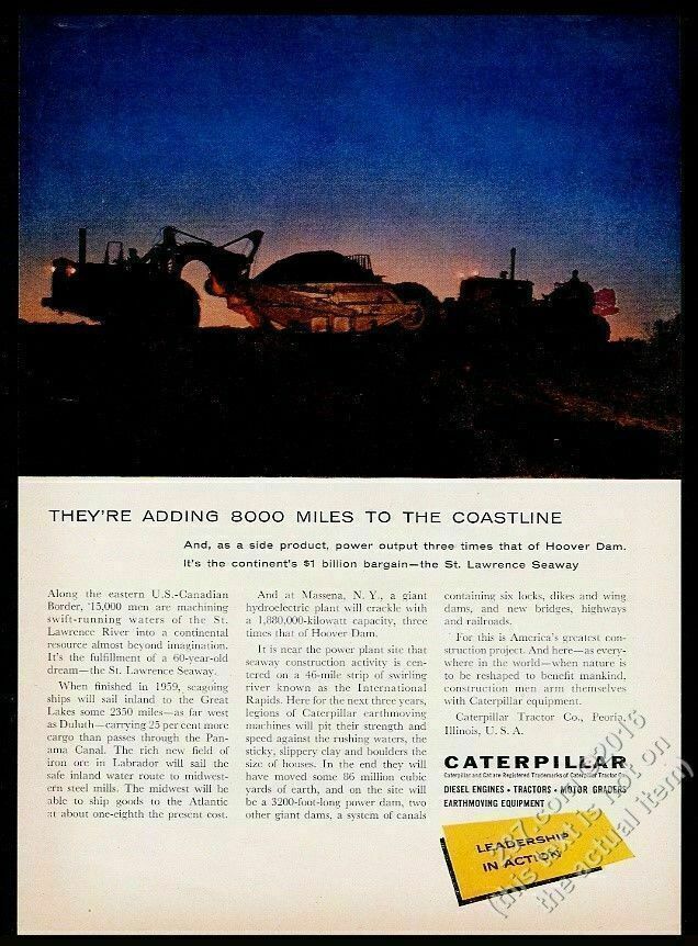 1956 Caterpillar CAT tractor scraper St. Lawrence Seaway photo vintage print ad