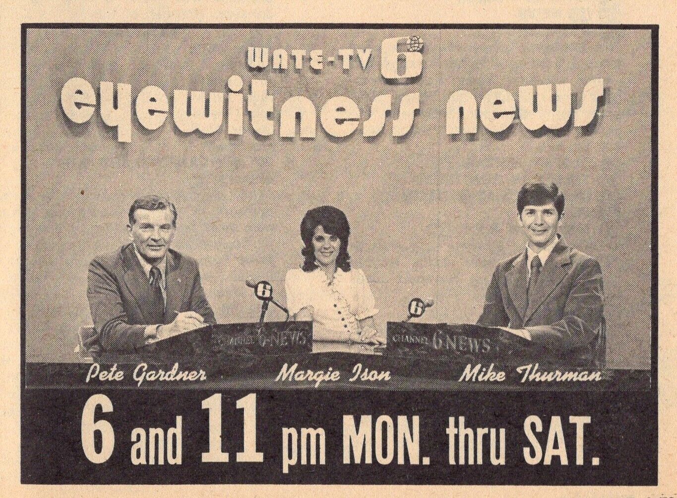 1972 WATE KNOXVILLE,TENNESSEE TV NEWS AD MARGIE ISON PETE GARDNER MIKE THURMAN