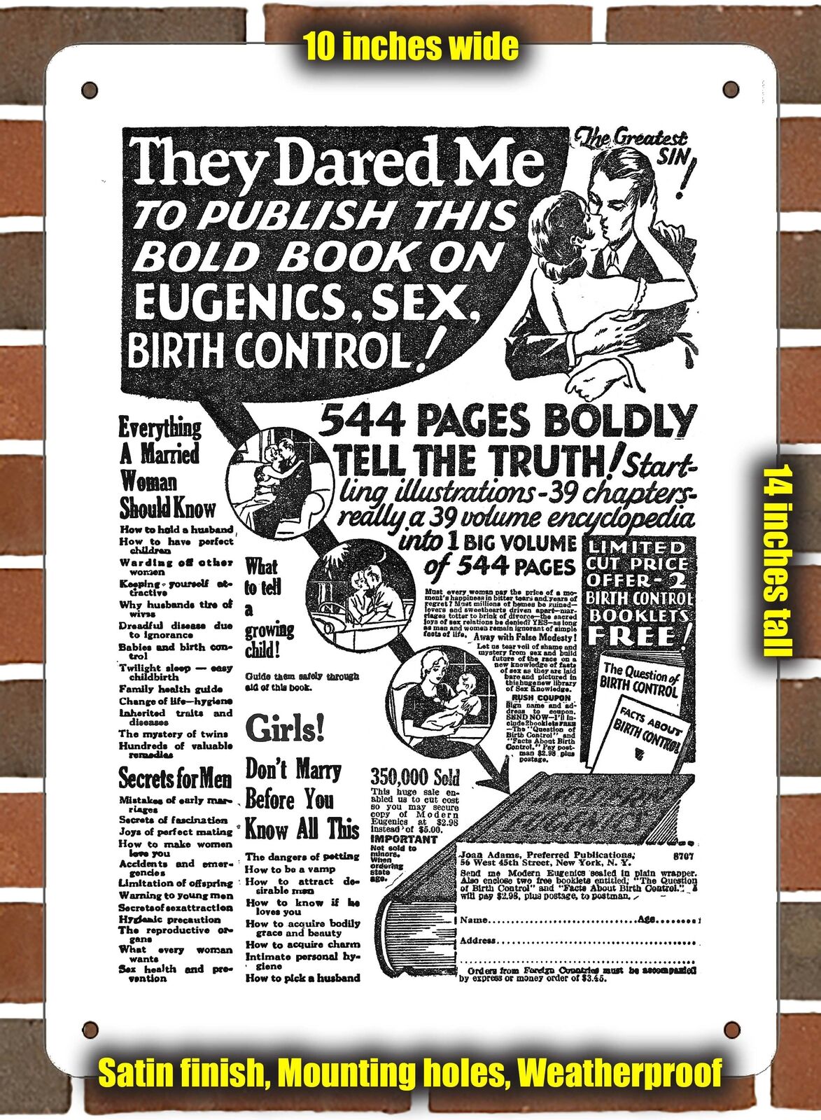 Metal Sign - 1932 Ad for Book on Eugenics and Sex - 10x14 inches