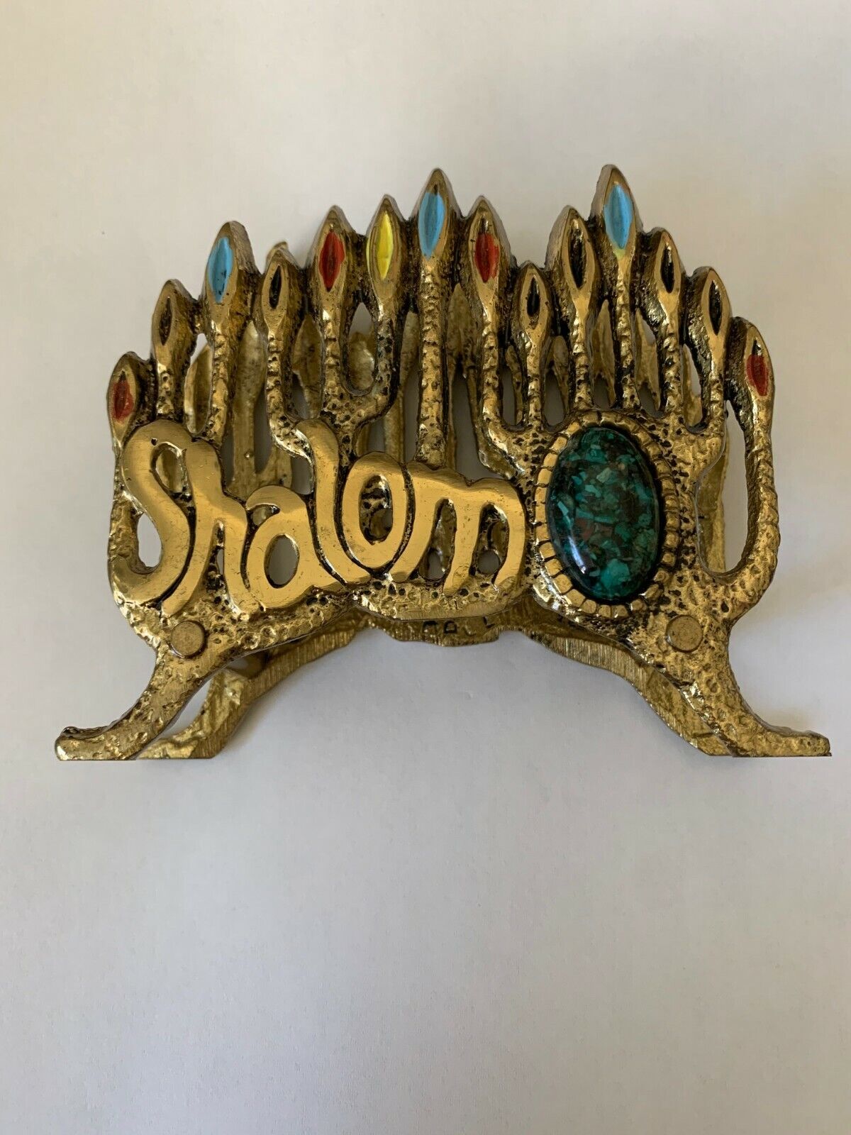 Shalom Napkin Holder with Faux Stone Israel Brass