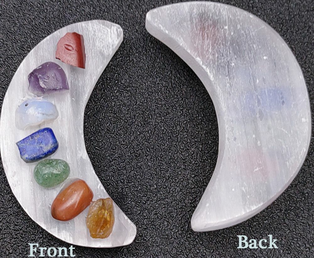 Crescent Selenite Moon With 7 Chakra Stones Crystal Charging Plate Reiki Decors
