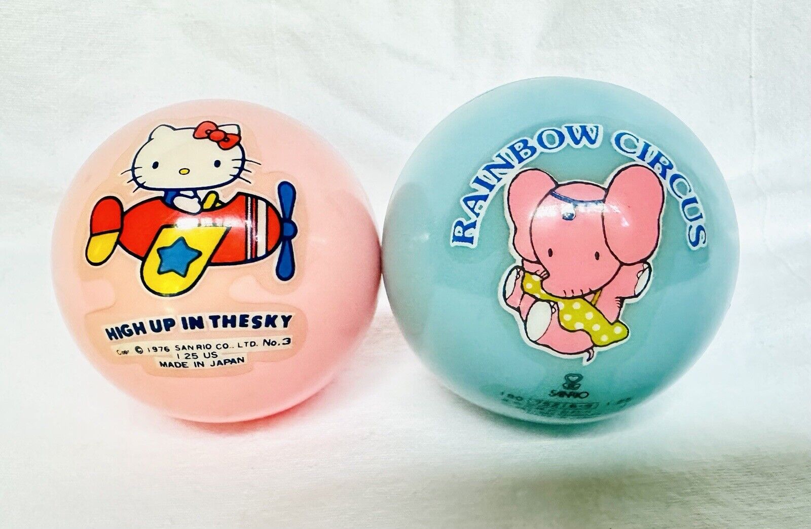 2 Vintage Sanrio Rubber Ball Toys Hello Kitty 1976 & Rainbow Circus 1984