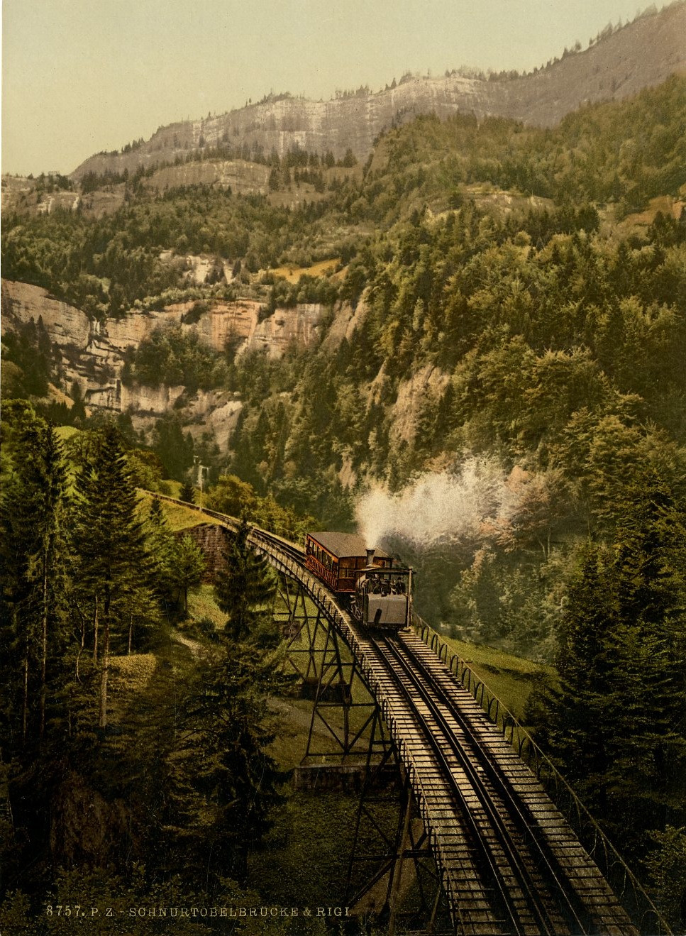 c. Rigi. Vitznau-Rigibahn, cord tobel bridge with Rigi.  Vintage Photochromie PZ,