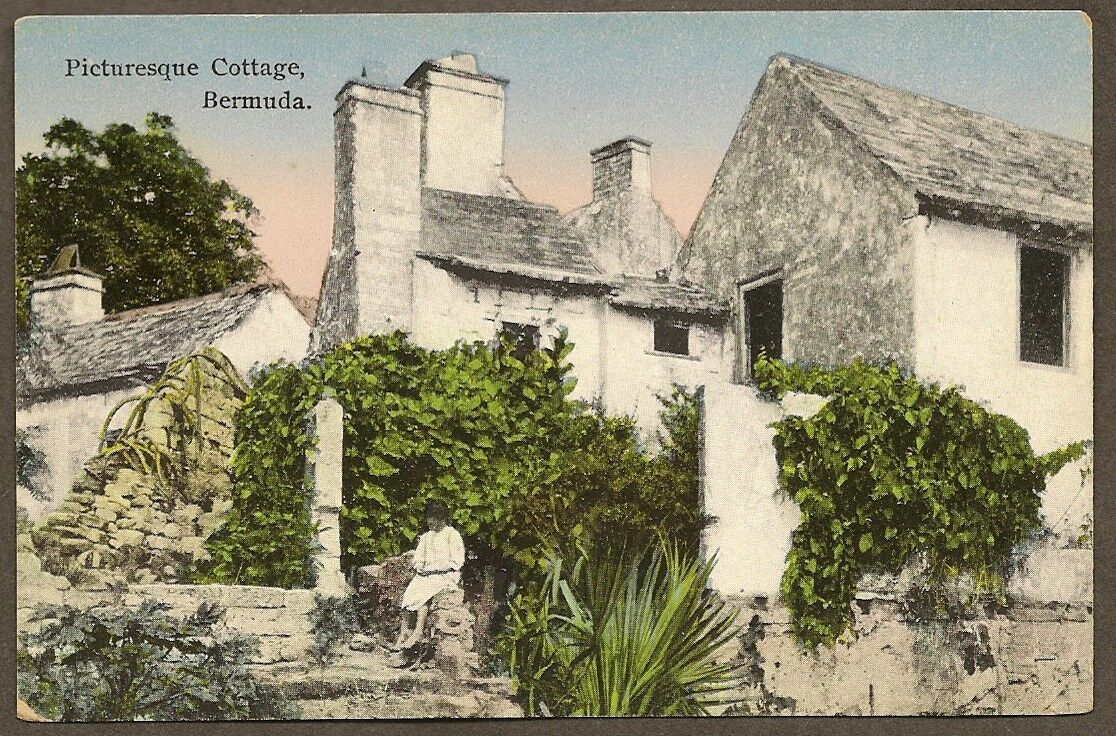 Vintage Tinted Color Postcard BERMUDA DRUG COMPANY Picturesque Cottage Unused