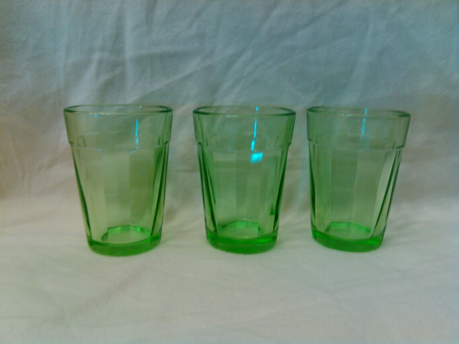  3 Vintage Green Depression Glass Shot Glasses Small Tumblers Vaseline Antique 