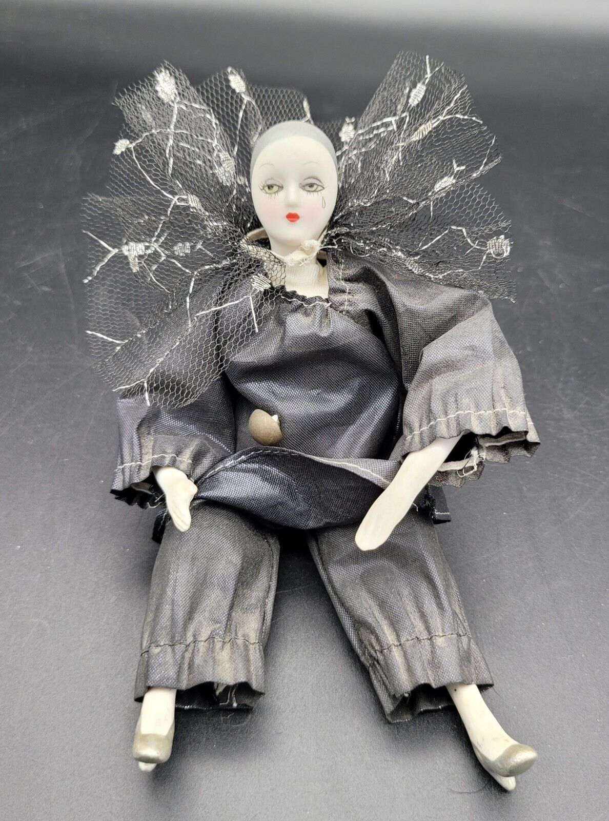 Vintage Porcelain Harlequin Pierrot Tear Drop Clown In Black 6.5in