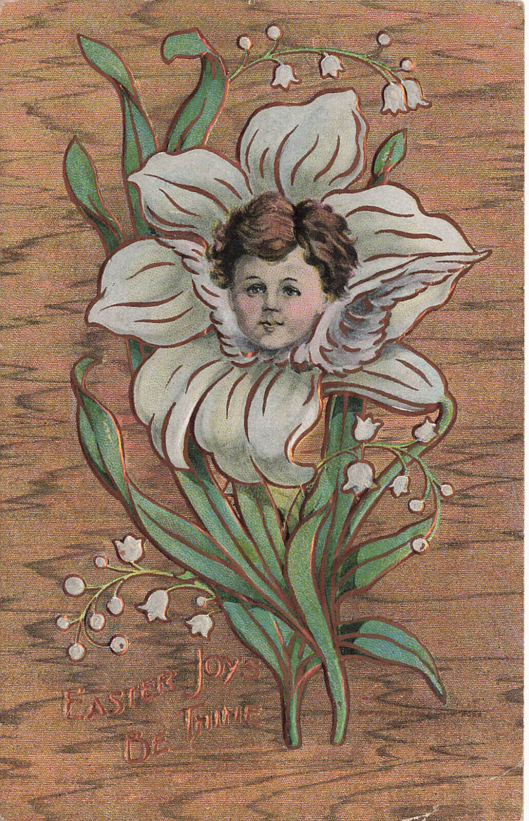 VINTAGE FANTASY EASTER POSTCARD CHILD'S FACE IN LILY FLOWER 1911 091823 S