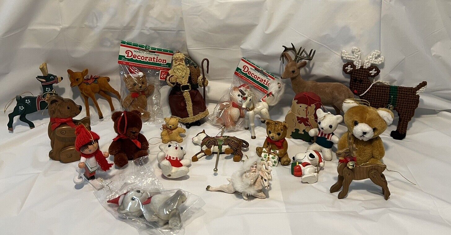 Vintage Christmas Tree Ornament Lot Felt Wooden Kurt Adler Flocked Wood Plastic