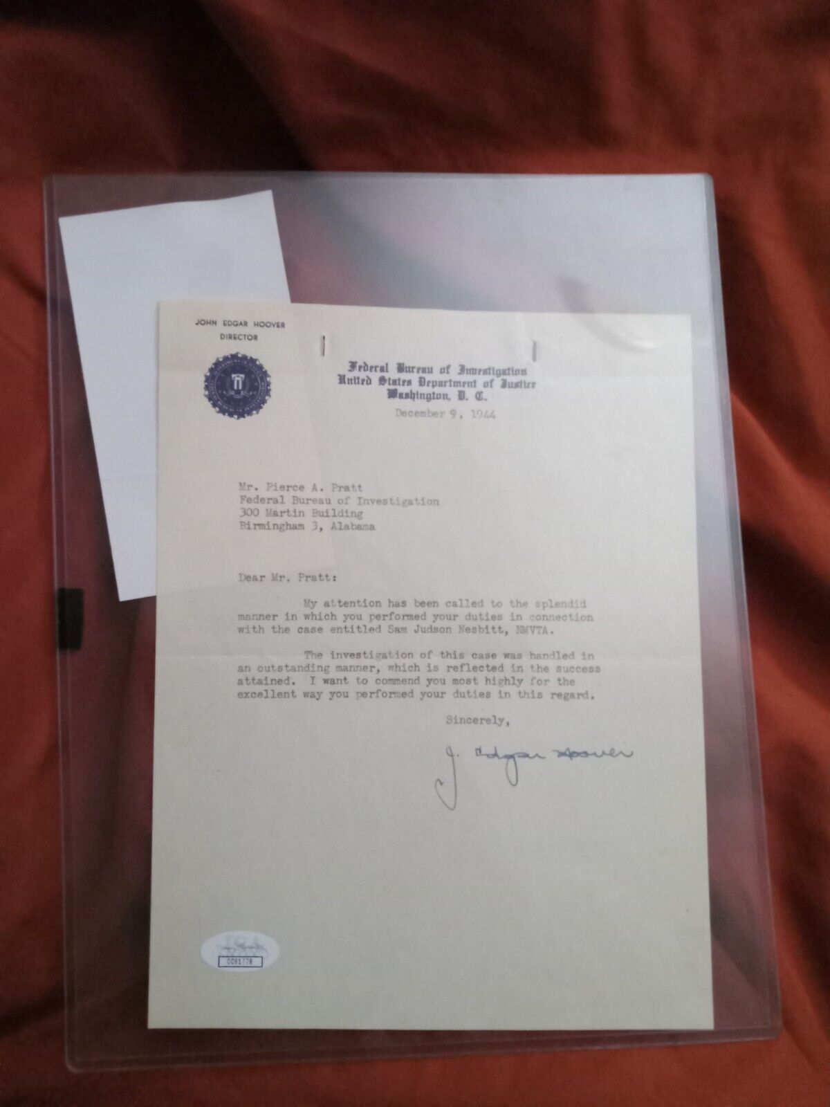 J. Edgar Hoover Signed  Letter with JSA