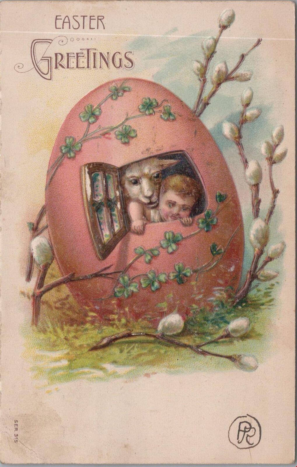 Art Nouveau Easter Greetings Postcard Little Boy + Lamb in Egg House 