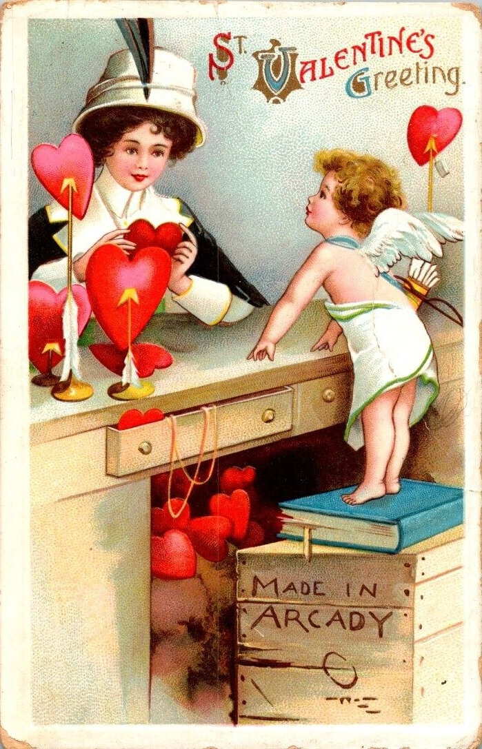 St Valentine's Greeting. C MADE IN ARCADY vintage postcard early 1900s