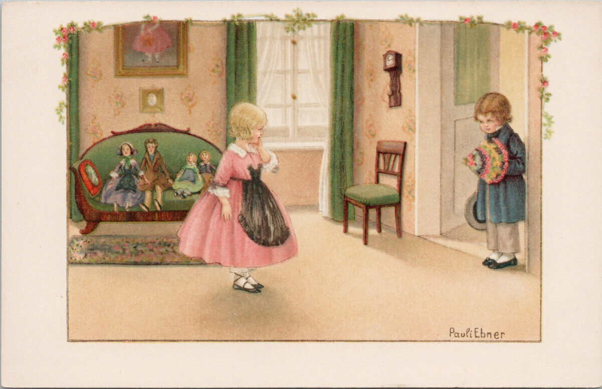 Pauli Ebner Artist #1362 Girl Boy Children Courtship Doll\'s Wedding Postcard G5