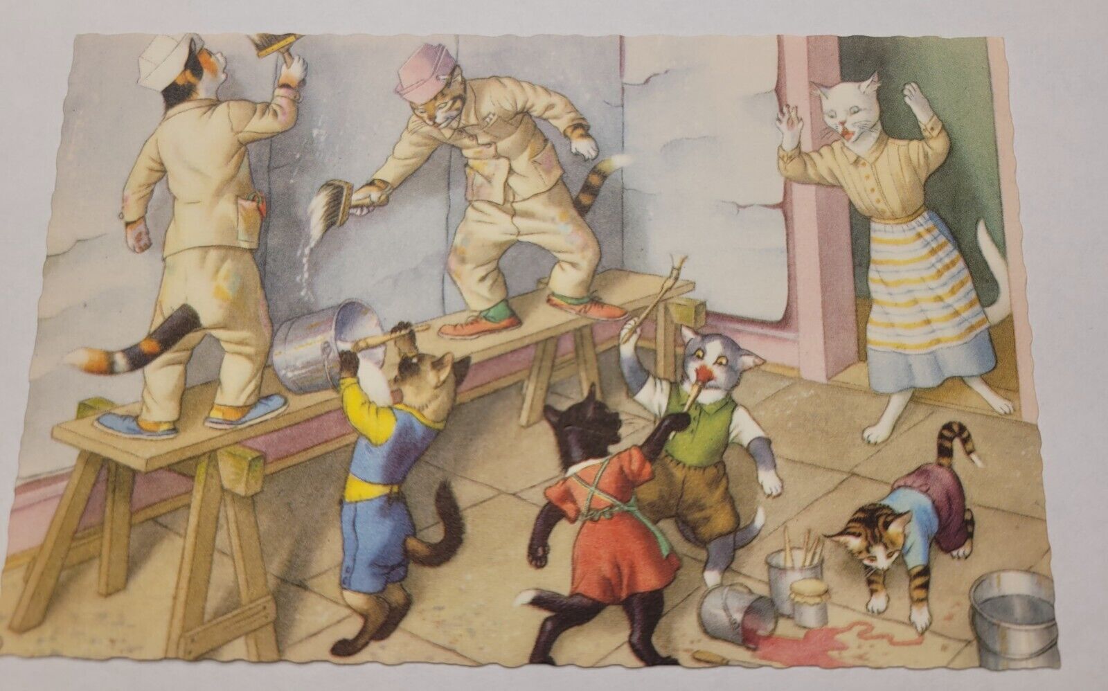 Vintage Alfred Mainzer Anthropomorphic Cats Helping with the wallpaper Unused 