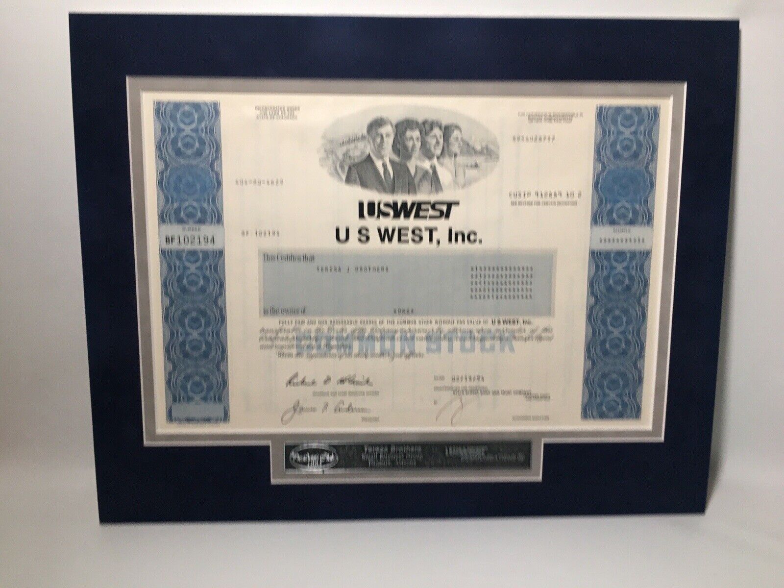 US West, Inc. Tele Com Stock Certificate President\'s Club Matte with Plaque 1993