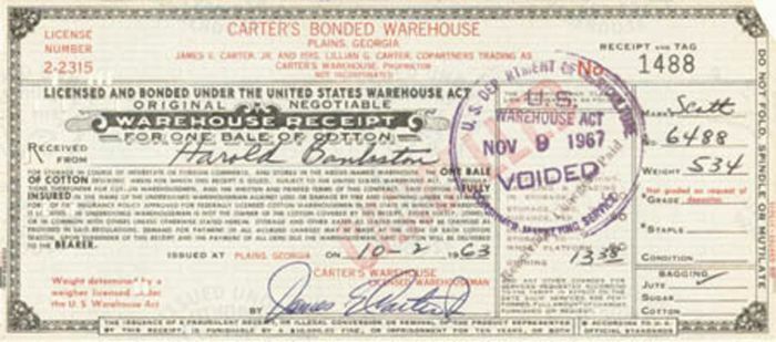 James E. Carter, Jr. signed Warehouse Receipt - Autographs of Famous People