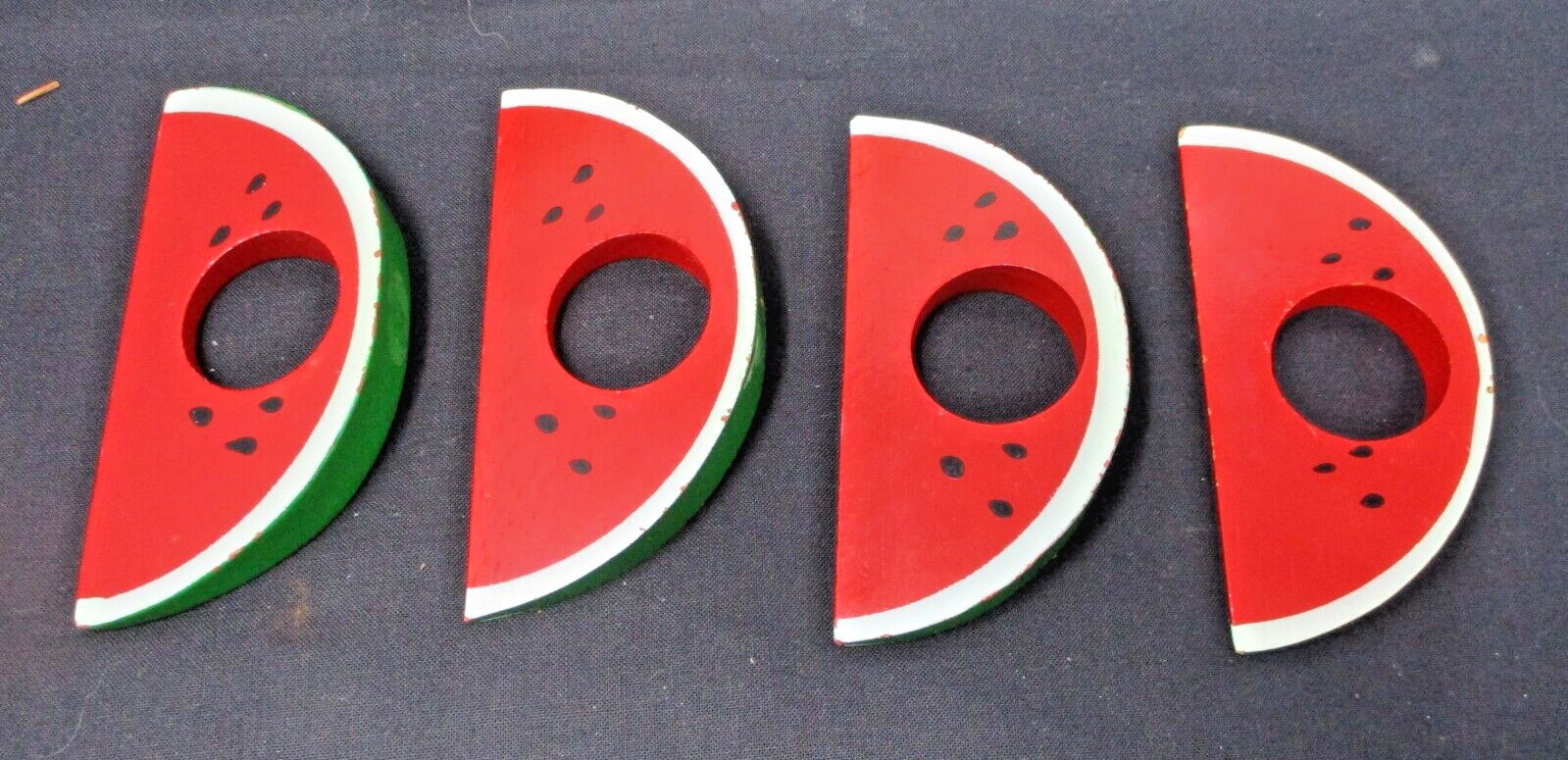 4 Vintage Watermelon Slice Green & Red Wood Napkin Rings Holders 4 1/4\