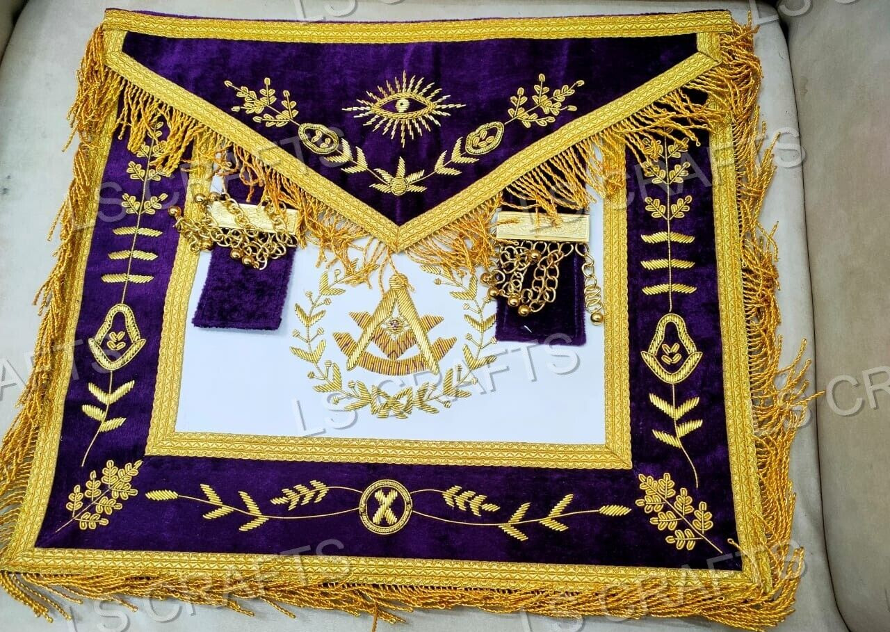 Masonic Regalia Past Master Hand Embroidered Apron Purple Velvet