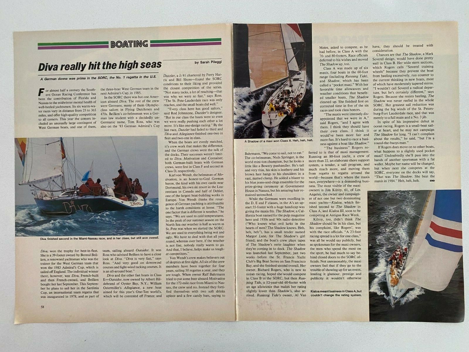 Southern Ocean Racing Conference (SORC) Diva Vintage 1984 Magazine Photo