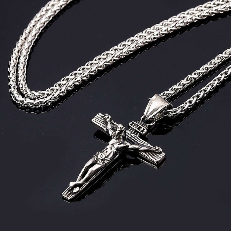 Men Stainless Steel Pendant Necklace Jesus Christ Crucifix Cross Silver 
