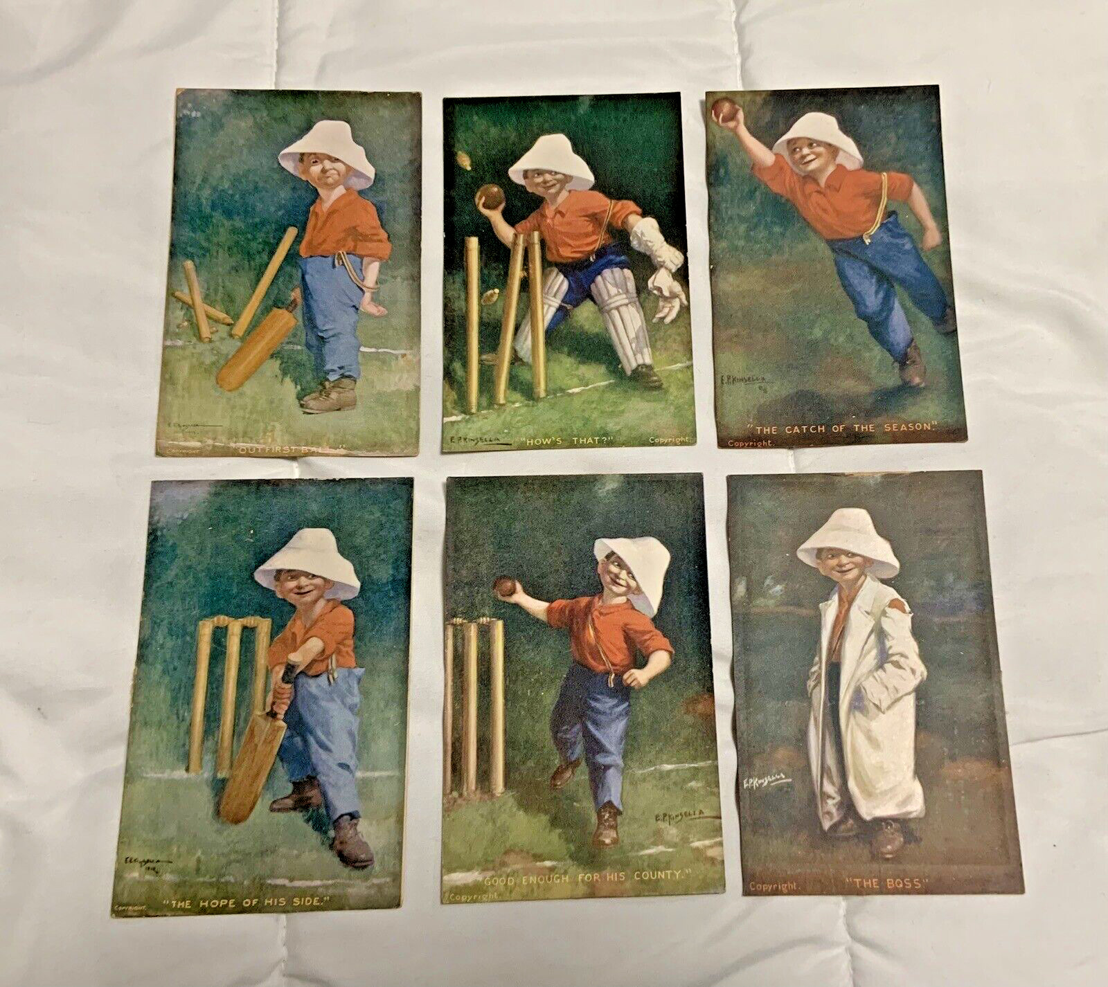 1906 Antique 6 Postcard Set EP Kinsella Boy Cricket Player Sports Children Comic